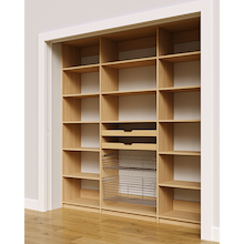 81 inch natural oak pantry shelving layout with wood pull-out drawers and pull-out wire baskets.