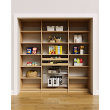81 inch natural oak pantry wall unit showcasing the signature wood pull-out drawers and wire baskets.