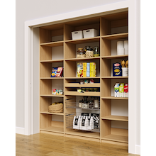 Vertical pantry shelves in natural oak with 81 inch width, two wood drawers, and two pull-out wire baskets.