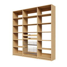 Two wood pull-out drawers and two pull-out wire baskets in 81 inch natural oak pantry shelving for dry goods.
