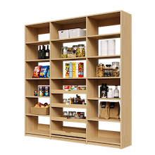 Large 81 inch natural oak pantry shelving with four wood pull-out drawers.