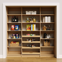 81 inch natural oak pantry wall unit with adjustable tiers for dry goods.