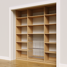 81 inch natural oak kitchen pantry storage layout with three sliding wire baskets.