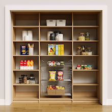 81 inch natural oak pantry wall unit with adjustable shelves for dry goods.