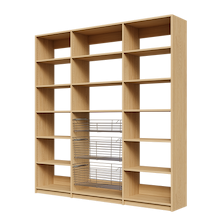 Three pull-out wire baskets in an 81 inch natural oak pantry.