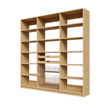 Two wood pull-out drawers and two pull-out wire baskets in an 84 inch natural oak kitchen pantry.