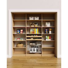 Natural oak 84 inch pantry shelf layout highlighting the mixed storage including wood drawers and wire baskets.