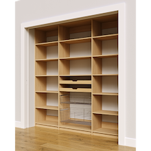 84 inch natural oak pantry shelving with two wood drawers and two pull-out wire baskets.