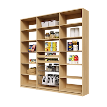 84 inch natural oak pantry shelving with two wood drawers and two pull-out wire baskets for wall organization.