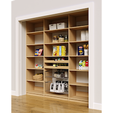Sturdy 84 inch natural oak reach in pantry shelves with two wood pull-out drawers and two pull-out wire baskets.