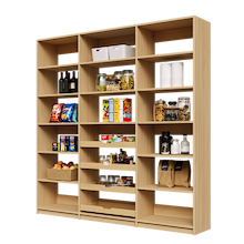 84 inch natural oak pantry shelving with four wood drawers for wall organization.