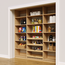 Sturdy 84 inch natural oak reach in pantry shelves with four wood pull-out drawers.