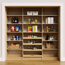 84 inch natural oak pantry shelf for organizing bulk food and jars.