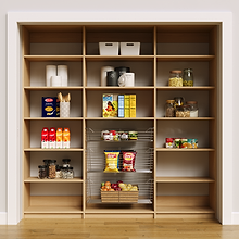 Natural oak 84 inch pantry shelf for organizing bulk food and jars.