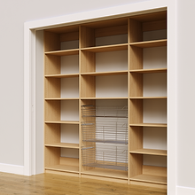 84 inch natural oak pantry shelving with three wire baskets.