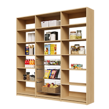 84 inch natural oak pantry storage with three wire baskets for kitchen organization.