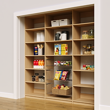 Sturdy 84 inch natural oak reach in pantry shelves with three wire pull-out baskets.