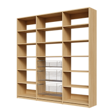 Three sliding wire baskets in an 84 inch natural oak kitchen pantry.