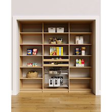 Natural oak 87 inch adjustable pantry shelving featuring wood drawer and wire basket storage.
