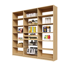87 inch natural oak pantry shelving layout with two wood pull-out drawers and two pull-out wire baskets.