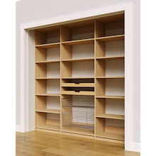 Adjustable shelf details, two wood drawers, and two pull-out wire baskets on an 87 inch natural oak pantry.