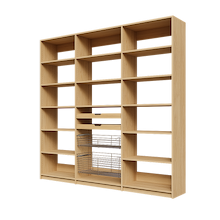 Two wood pull-out drawers and two pull-out wire baskets in 87 inch natural oak pantry shelving.