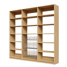 Three deep wire baskets in an 87 inch natural oak pantry storage unit.