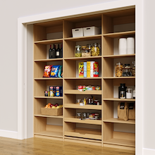 High capacity 87 inch natural oak reach in storage racks with four wood pull-out drawers.