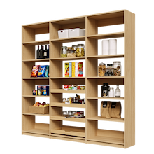87 inch natural oak pantry shelving layout with four sliding wood drawers.