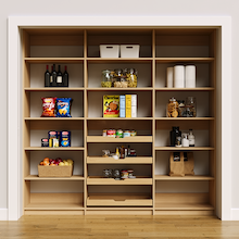Natural oak 87 inch pantry storage for groceries and kitchen items.