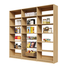 87 inch natural oak pantry shelves with three sliding wire baskets.