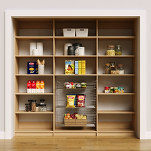 Natural oak 87 inch pantry storage for groceries and kitchen items.