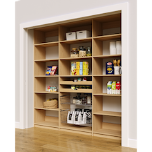 High capacity 87 inch natural oak reach in storage racks with two wood drawers and two pull-out wire baskets.