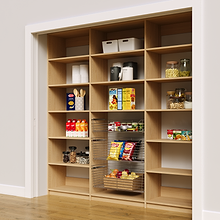 High capacity 87 inch natural oak reach in storage racks with three wire baskets.