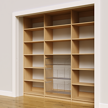 Adjustable shelf details and three baskets on an 87 inch natural oak pantry.