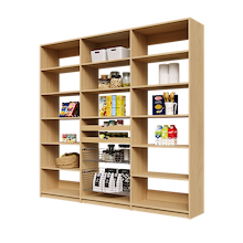 Extra wide 90 inch natural oak pantry shelving with two wood pull-out drawers and two pull-out wire baskets.
