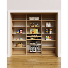 90 inch natural oak pantry wall storage highlighting the layered wood drawers and wire baskets.
