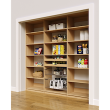 Natural oak 90 inch reach in pantry shelving with two wood pull-out drawers and two pull-out wire baskets.