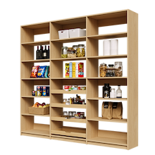 Extra wide 90 inch natural oak pantry shelving with four wood pull-out drawers.