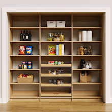 90 inch natural oak pantry wall storage for organizing baking supplies and small appliances.