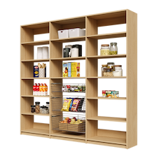 Extra wide 90 inch natural oak pantry shelving with three wire storage baskets.