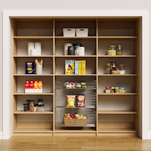 90 inch natural oak pantry kit for bulk food organization.