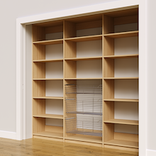 Large natural oak 90 inch pantry for food and kitchen appliance storage.