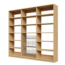 Three wire pull-out baskets in a 90 inch natural oak pantry.