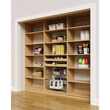 High capacity 93 inch natural oak pantry shelving with two wood drawers and two pull-out wire baskets.