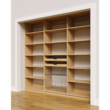 93 inch natural oak built-in pantry with two wood drawers and two pull-out wire baskets.