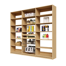 93 inch natural oak pantry shelving unit with two wood pull-out drawers and two pull-out wire baskets.