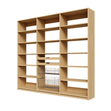 Two wood pull-out drawers and two pull-out wire baskets in a 93 inch natural oak kitchen pantry.
