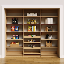 Natural oak 93 inch food storage shelves for bulk dry goods and cans.