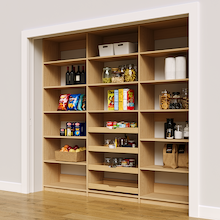 High capacity 93 inch natural oak pantry shelving with four wood drawers.